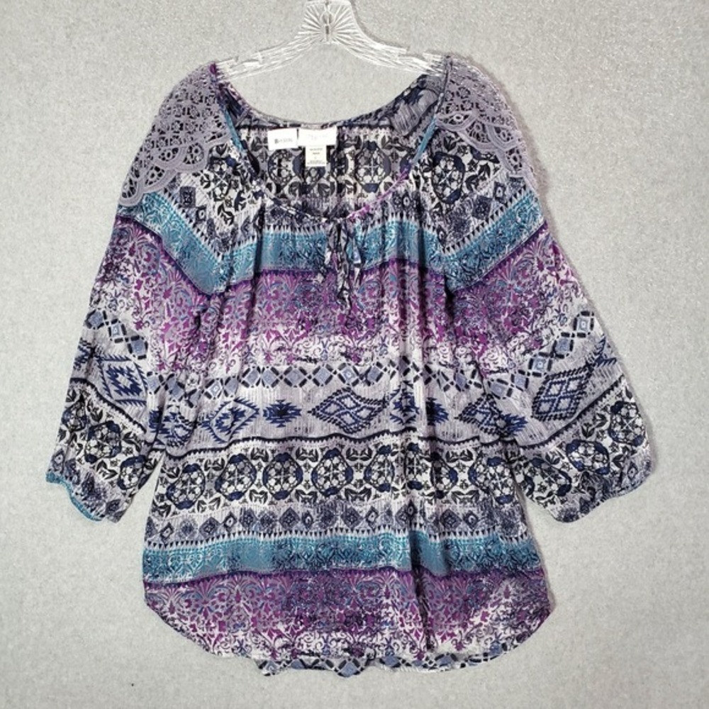 Shyanne Women Top Large Purple Floral Paisley Blouse Tunic Boho Crochet